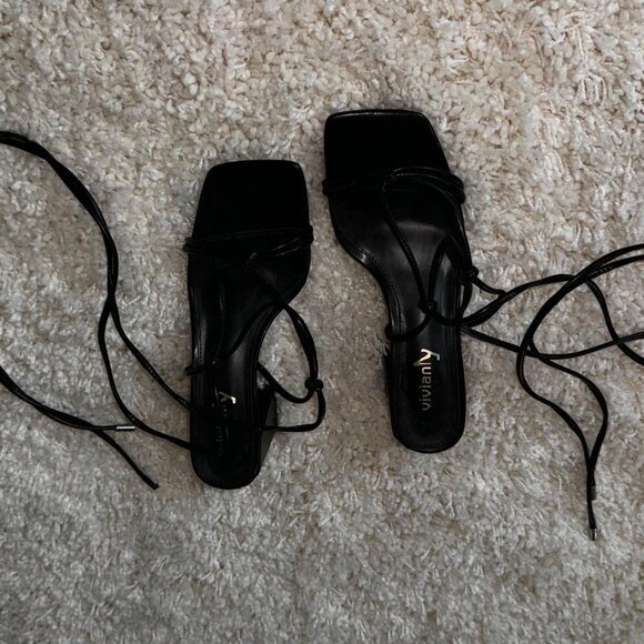 Vivianly Shoes - Vivianly Womens Size 8 Chunky Heel Strappy Ankle Wrap Square Toe Sandals Black